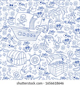 Vector set with pirate elements for birthday party for little children. Kids pattern with octopus, beach, treasure chest, ship