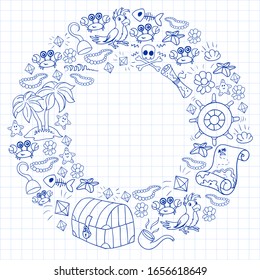 Vector set with pirate elements for birthday party for little children. Kids pattern with octopus, beach, treasure chest, ship
