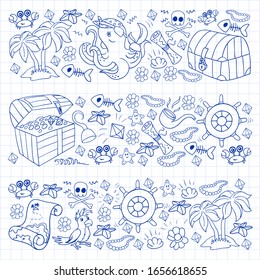 Vector set with pirate elements for birthday party for little children. Kids pattern with octopus, beach, treasure chest, ship