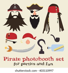 Vector set of pirate elements. Pirate photo booth props and scrapbooking collection. Pirate dreadlocks, beards, mustaches, eyebrows, hats, bandanas, noses, eye patches, hook, sword, pipe, save bottle.