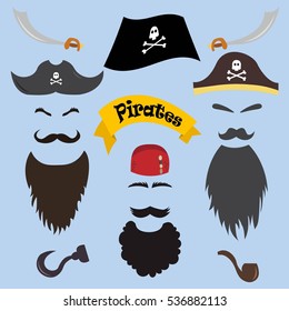 Vector set of pirate elements. Pirate photo booth props and scrapbooking collection, beards, mustaches, eyebrows, hats, bandanas, hook, sword, pipe. Vector illustration