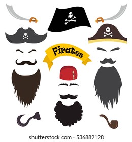 Vector set of pirate elements. Pirate photo booth props and scrapbooking collection, beards, mustaches, eyebrows, hats, bandanas, hook, sword, pipe. Vector illustration