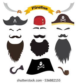 Vector set of pirate elements. Pirate photo booth props and scrapbooking collection, beards, mustaches, eyebrows, hats, bandanas, hook, sword, pipe. Vector illustration