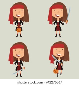 Vector set with Pirate girl with sword. Teen with trendy costume for Halloween party. Child collect sweets. 