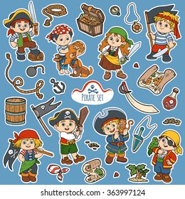 Vector set of pirate items, color cartoon collection, characters pirates