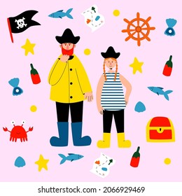 Vector set of pirates characters and objects in cartoon style. Man and woman pirates, crab, treasure chest, map, rum bottle, flag, fish, coins, steering wheel.