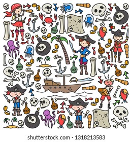 Vector set of pirates children's drawings icons in doodle style. Painted, colorful, pictures on a piece of paper on white background.
