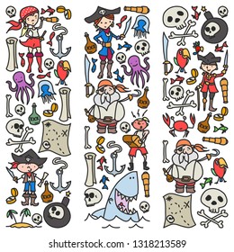 Vector set of pirates children's drawings icons in doodle style. Painted, colorful, pictures on a piece of paper on white background.