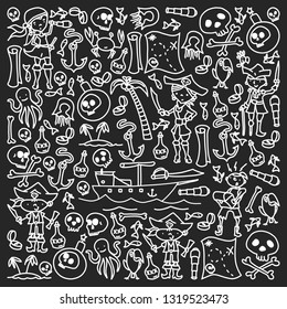 Vector set of pirates children's drawings icons in doodle style. Painted, black monochrome, chalk pictures on a blackboard.