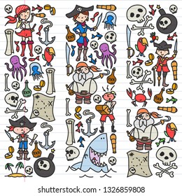 Vector set of pirates children's drawings icons in doodle style. Painted, colorful, pictures on a piece of linear paper on white background.