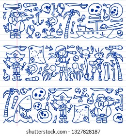 Vector set of pirates children's drawings icons in doodle style. Painted, colorful, pictures on a piece of linear paper on white background.