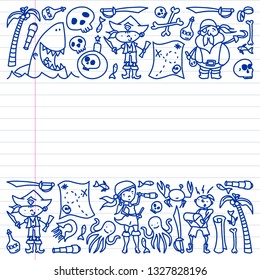 Vector set of pirates children's drawings icons in doodle style. Painted, colorful, pictures on a piece of linear paper on white background.