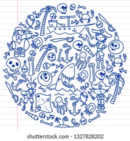 Vector set of pirates children's drawings icons in doodle style. Painted, colorful, pictures on a piece of linear paper on white background.