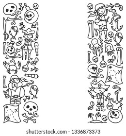 Vector set of pirates children's drawings icons in doodle style. Painted, black monochrome, pictures on a piece of paper on white background.