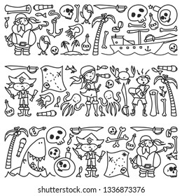 Vector set of pirates children's drawings icons in doodle style. Painted, black monochrome, pictures on a piece of paper on white background.
