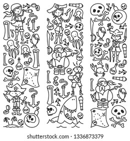 Vector set of pirates children's drawings icons in doodle style. Painted, black monochrome, pictures on a piece of paper on white background.