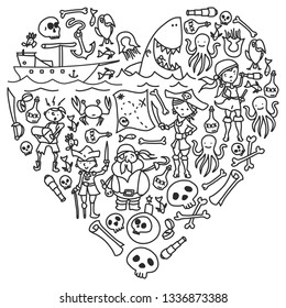 Vector set of pirates children's drawings icons in doodle style. Painted, black monochrome, pictures on a piece of paper on white background.