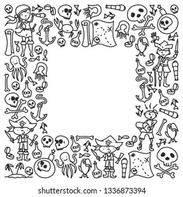Vector set of pirates children's drawings icons in doodle style. Painted, black monochrome, pictures on a piece of paper on white background.