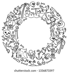 Vector set of pirates children's drawings icons in doodle style. Painted, black monochrome, pictures on a piece of paper on white background.