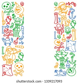 Vector set of pirates children's drawings icons in doodle style. Painted, colorful, pictures on a piece of paper on white background.