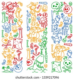 Vector set of pirates children's drawings icons in doodle style. Painted, colorful, pictures on a piece of paper on white background.