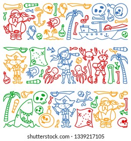 Vector set of pirates children's drawings icons in doodle style. Painted, colorful, pictures on a piece of paper on white background.