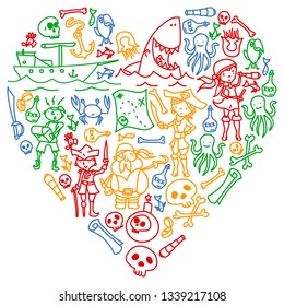 Vector set of pirates children's drawings icons in doodle style. Painted, colorful, pictures on a piece of paper on white background.