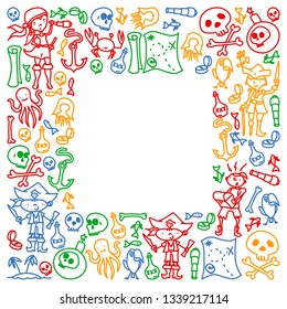 Vector set of pirates children's drawings icons in doodle style. Painted, colorful, pictures on a piece of paper on white background.
