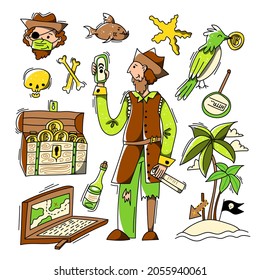 Vector ambientado con piratas, moneda, oro y portátil