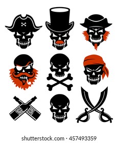Vector set of pirates skulls. Jolly Roger.