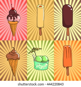Vector set of pistachio, strawberry, chocolate, vanilla Ice cream and orange fruit ice
