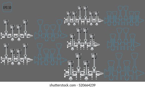 Vector set of pistons and crankshafts, set contours of pistons and crankshafts. Format 16:9