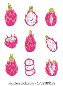 Conjunto vectorial de frutos pitaya. Fruta de dragón aislada en un estilo plano. 
Frutas tropicales exóticas.