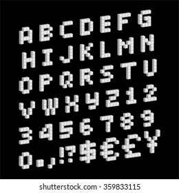 Vector set of pixel alphabet isolated on black background.