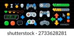 Vector set of pixel art arcade ui buttons, joystick, arrows, life bar with hearts in 8bit retro style. Video game console, interface menu icons. Pixelated typing bubble, winner trophy cups, gamepads