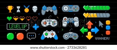 Vector set of pixel art arcade ui buttons, joystick, arrows, life bar with hearts in 8bit retro style. Video game console, interface menu icons. Pixelated typing bubble, winner trophy cups, gamepads