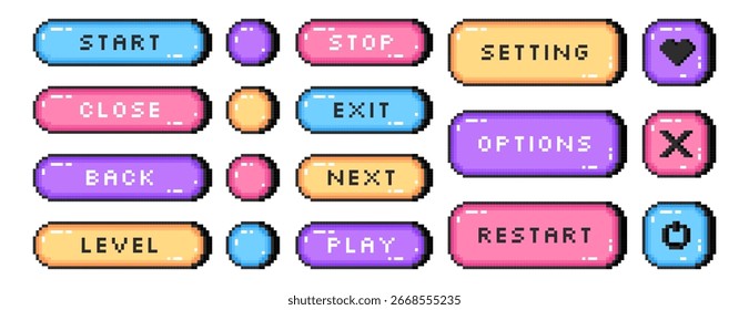 Vector set of pixel art colored start, next, stop, exit, level buttons. Pixelated video game symbols, frame, interface menu icons in 8bit retro style. Vector ui elements for mobile app, arcade design