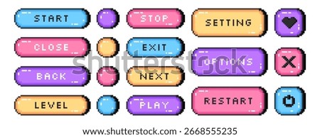 Vector set of pixel art colored start, next, stop, exit, level buttons. Pixelated video game symbols, frame, interface menu icons in 8bit retro style. Vector ui elements for mobile app, arcade design
