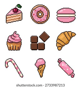 Vector Set of Pixel Art Dessert Icons. Sweeties and Pastry Pixelated Illustrations