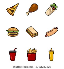 Vector Set of Pixel Art Fast Food Icons