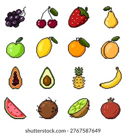Vector Set of Pixel Art Fruit Icons