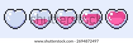 vector set of pixel art heart icons used in video games and streaming platforms to represent retro health bar or life meter. full heart, partially full, and empty state.