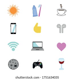 Conjunto vectorial de iconos de arte de píxeles. Corazón, como, sol, cepillo de dientes, café, teléfono, airpods, wifi, laptop, luna, 
joystick, vaso de vino