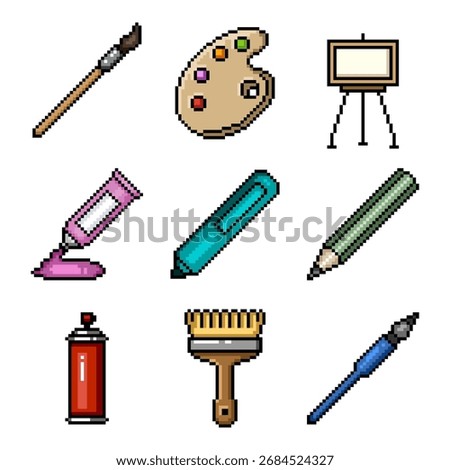 Vector Set of Pixel Art Icons of Drawing Tools