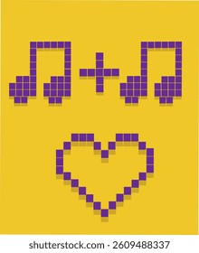 Vector set of pixel art music icons with notes, instruments and audio symbols. 8-bit retro pixel vector art