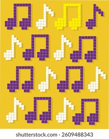 Vector set of pixel art music icons with notes, instruments and audio symbols. 8-bit retro pixel vector art