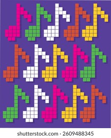 Vector set of pixel art music icons with notes, instruments and audio symbols. 8-bit retro pixel vector art