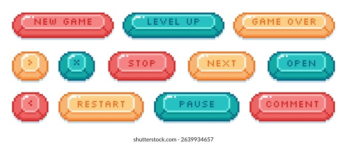 Vector set of pixel art open, pause, next, stop, level up color buttons. Pixelated video game symbols, frame, interface menu icons in 8bit retro style. Vector ui elements for mobile app, arcade design