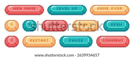 Vector set of pixel art open, pause, next, stop, level up color buttons. Pixelated video game symbols, frame, interface menu icons in 8bit retro style. Vector ui elements for mobile app, arcade design
