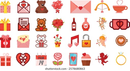 Vector Set of pixel art Valentine's Day icons featuring love-themed elements such as hearts, gifts, teddy bears, cupid, roses, love letters, rings, and romantic symbols. Perfect for festive designs.